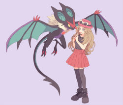 Rule 34 | 1girl, black thighhighs, blue eyes, brown hair, creatures (company), eyewear on head, flower, game freak, gen 6 pokemon, hat, komasawa (fmn-ppp), mouth hold, nintendo, noivern, open mouth, own hands together, pleated skirt, pokemon, pokemon (creature), pokemon xy, serena (pokemon), skirt, smile, sunglasses, thighhighs