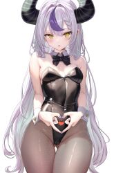 Rule 34 | 1girl, breasts, cleavage, grey hair, highleg, highres, hololive, horns, la+ darknesss, leotard, long hair, looking at viewer, nekonosuke, simple background, small breasts, solo, virtual youtuber, white wrist cuffs, wrist cuffs, yellow eyes