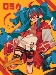 Rule 34 | 1girl, aqua hair, blue eyes, blush, commentary, creatures (company), edge 0605, fire miku (project voltage), game freak, hand on own hip, hatsune miku, headphones, highres, holding, jacket, long hair, looking at viewer, multicolored hair, nail polish, nintendo, off shoulder, one eye closed, open clothes, open jacket, pokemon, project voltage, red hair, red nails, shorts, simple background, smile, solo, symbol-only commentary, twintails, very long hair, vocaloid