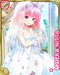 Rule 34 | 1girl, bow, breasts, card, character name, cuffs, dress, earrings, flower, girlfriend (kari), head wreath, indoors, jewelry, large breasts, nitta moeka, official art, open mouth, pink hair, purple eyes, qp:flapper, rose, short hair, smile, solo, standing, tagme, veil, wedding dress, white bow, window
