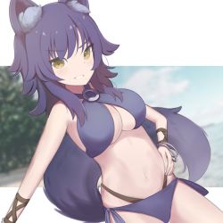 Rule 34 | 1girl, animal ear fluff, animal ears, bikini, breasts, commentary, commentary request, cygames, hand on own hip, highres, large breasts, looking at viewer, makoto (princess connect!), makoto (summer) (princess connect!), navel, o-ring, o-ring bikini, ocean, outdoors, princess connect!, purple bikini, purple hair, short hair, solo, swimsuit, tail, underboob, wolf ears, wolf girl, wolf tail, yellow eyes, yomogi uehara