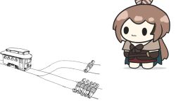 Rule 34 | 1girl, barefoot, belt, bow, brown bow, brown capelet, brown gloves, brown hair, cape, capelet, chibi, commentary, english commentary, feathers, gloves, green cape, hair ornament, highres, hololive, hololive english, long hair, meme, multicolored hair, nanashi mumei, railroad tracks, red skirt, simple background, skirt, solid circle eyes, solo focus, standing, streaked hair, superappleman, trolley problem (meme), virtual youtuber, white background