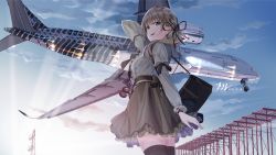 Rule 34 | 1girl, airbus a350, aircraft, airplane, arm behind head, arm ribbon, bag, black ribbon, blue sky, bow, brown hair, cloud, commission, cowboy shot, dated, frilled skirt, frills, from below, from side, green eyes, hair ribbon, handbag, highres, hinamizawa kurumi, light brown hair, long sleeves, looking at viewer, looking down, mole, mole under mouth, png pant (bus), ponytail, pygmalion. (group), ribbon, side ponytail, signature, skeb commission, skirt, sky, smile, solo, sunrise, thighhighs, tower, virtual youtuber, waist bow, zettai ryouiki
