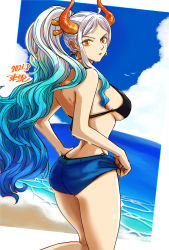 Rule 34 | 1girl, adjusting clothes, ahoge, alternate costume, aqua hair, back, beach, bikini, bird, black bikini, blue hair, blue shorts, blue sky, breasts, cloud, cloudy sky, commentary, curled horns, dated, day, earrings, eyelashes, feet out of frame, from side, glint, half updo, hands on own hips, highres, hoop earrings, horns, jewelry, lips, long hair, looking at viewer, looking back, medium breasts, o-ring, o-ring bikini, one piece, oni horns, orange eyes, outdoors, parted bangs, parted lips, ponytail, shinonome (7566ani), short shorts, shorts, sideboob, sidelocks, signature, silver hair, sky, solo, string bikini, swimsuit, thighs, wet, yamato (one piece)