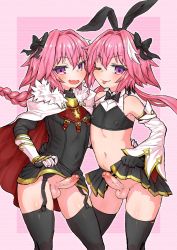 Rule 34 | 2boys, astolfo (fate), astolfo (saber) (fate), black ribbon, blush, cape, clothes lift, crossdressing, dual persona, erection, fang, fate/grand order, fate (series), hair ribbon, highres, long hair, magifuro, male focus, multiple boys, no panties, one eye closed, penis, pink hair, purple eyes, ribbon, skirt, skirt lift, smile, testicles, thighhighs, tongue, tongue out, trap