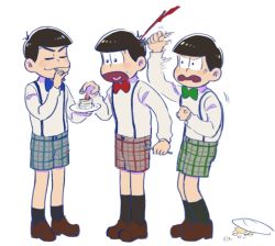 Rule 34 | 10s, 3boys, adapted costume, black hair, bow, bowl cut, bowtie, brothers, cake, closed eyes, dress shirt, food, fork, male focus, matsuno choromatsu, matsuno karamatsu, matsuno osomatsu, multiple boys, osomatsu-kun, osomatsu-san, osomatsu (series), plaid, plaid shorts, plate, shirt, shorts, siblings, simple background, smile, stab, suspender shorts, suspenders, takktagu, utensil in mouth, white background