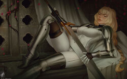 Rule 34 | 1girl, armored boots, artist name, blonde hair, bodysuit, boots, braid, breasts, clare (claymore), claymore (series), closed eyes, dated, fingerless gloves, gloves, highres, holding, holding sword, holding weapon, knee up, large breasts, long hair, lying, shoulder plates, signature, sitting, smile, solo, sword, teeth, themaestronoob, weapon, white bodysuit, white gloves