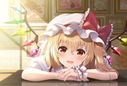 Rule 34 | 1girl, :d, blonde hair, blurry, blurry background, blush, bow, commentary request, crystal, day, flandre scarlet, frilled bow, frilled shirt collar, frills, hair between eyes, hat, hat bow, indoors, light rays, looking at viewer, medium hair, mob cap, one side up, open mouth, painting (object), puffy short sleeves, puffy sleeves, red bow, red eyes, reflection, shadow, shirt, short sleeves, smile, solo, sunlight, touhou, white hat, white shirt, window shadow, wings, wrist cuffs, yuuka nonoko