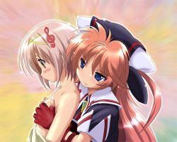 Rule 34 | 2girls, akatsuki no amaneka to aoi kyojin, amaneka machbuster, bare shoulders, blue eyes, blush, bob cut, grabbing another&#039;s breast, breasts, embarrassed, fingerless gloves, flat chest, game cg, gloves, grabbing, groping, hair ornament, hairclip, hat, komatsu eiji, long hair, looking down, mail seagull, multiple girls, musical note, naughty face, no bra, off shoulder, open clothes, open shirt, orange eyes, pink hair, red hair, school uniform, shirt, short hair, small breasts, smile, twintails, very long hair, yellow eyes
