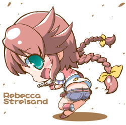 Rule 34 | 1girl, blue shorts, blush, boots, bow, butt crack, character name, chibi, full body, gerotan, gloves, green eyes, gun, hair bow, knee boots, looking back, pink footwear, pink gloves, rebecca streisand, red hair, shorts, solo, taut clothes, twintails, weapon, white background, wild arms, wild arms 5