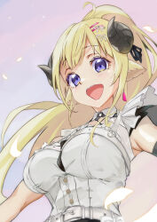 Rule 34 | 1girl, animal ears, belt, blonde hair, breasts, dress, from below, highres, hololive, horns, large breasts, long hair, looking at viewer, official alternate costume, open mouth, pink background, ponytail, purple eyes, qiandao you, sheep ears, sheep horns, simple background, smile, solo, tareme, tsunomaki watame, tsunomaki watame (watame night fever!!), upper body, virtual youtuber, white belt, white dress