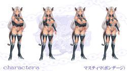 Rule 34 | 1girl, breasts, bridal gauntlets, character name, closed mouth, collar, crossed arms, dark skin, feet, full body, game cg, groin, hand on own chest, hand up, horns, large breasts, legs, legs apart, light smile, long hair, looking at viewer, maou no musume to gedou yuusha: kurenai no hitomi to shiroki indaku, mastima, navel, open mouth, original, pointy ears, revealing clothes, saburou (hgmg), serious, silver hair, simple background, smile, standing, tail, thighhighs, thighs, thong, tiara, valkyria (studio), yellow eyes
