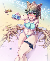 Rule 34 | 1girl, absurdres, ahoge, animal ears, arm support, atalanta (fate), beach towel, bech, bikini, blonde hair, blush, breasts, cat ears, covered erect nipples, fang, fate/apocrypha, fate (series), green eyes, green hair, hair between eyes, highleg, highleg bikini, highres, long hair, medium breasts, navel, ocean, shikimisato, shore, solo, swimsuit, thigh strap, towel, very long hair, water