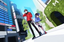 Rule 34 | 1boy, 1girl, black headwear, black pants, blue jacket, blue sky, bright pupils, building, city, controller, day, dithering, esports koto gakuin, full body, game controller, hat, head rest, headphones, headphones around neck, highres, holding, holding controller, holding game controller, jacket, kick scooter, knee pads, leaning forward, looking at viewer, narume, official art, outdoors, pants, pixel art, purple eyes, red jacket, scenery, shoes, short shorts, shorts, sign, sky, skyscraper, smile, standing, tree, white pupils