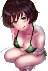 Rule 34 | 1girl, akiyama yukari, bad id, bad pixiv id, bikini, blurry, blurry background, breast hold, breasts, brown eyes, brown hair, camouflage, camouflage bikini, cleavage, closed mouth, collarbone, commentary, crossed arms, girls und panzer, green bikini, half-closed eyes, head tilt, highres, looking at viewer, medium breasts, messy hair, one-hour drawing challenge, sandals, short hair, side-by-side, simple background, smile, solo, squatting, swimsuit, takefu jiin, twitter username, wet, white background, white footwear