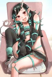 Rule 34 | 1girl, nanashi inc., armchair, ayu (sweetfish man), belt, belt bra, black footwear, black gloves, black hair, black jacket, black skirt, black thighhighs, blue belt, blue hair, blue panties, blue socks, blush, chair, chest belt, clothing cutout, commentary request, cropped jacket, cross-laced clothes, cross-laced sleeves, demon girl, demon horns, demon tail, fang, flat chest, foot out of frame, gloves, grey skirt, highleg, highleg panties, highres, horns, jacket, leg up, long hair, long sleeves, looking at viewer, multicolored hair, open clothes, open jacket, open mouth, panties, pointy ears, red eyes, shishio chris, shoes, shoulder cutout, single thighhigh, sitting, skirt, smile, sneakers, socks, solo, sugar lyric, tail, thighhighs, two-tone hair, underwear, virtual youtuber, white background, zipper, zipper skirt
