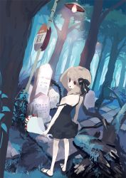 Rule 34 | 1girl, bad id, bad pixiv id, bouquet, bow, dress, flower, from behind, hair bow, kacchuu, lamppost, long hair, looking back, red eyes, sandals, solo, strap slip, tombstone