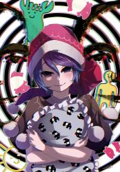 Rule 34 | 1girl, akatsuki records, black capelet, blue eyes, blue hair, capelet, dated, doremy sweet, hair between eyes, hat, highres, holding, holding pillow, looking at viewer, nightcap, open mouth, pillow, red headwear, short hair, signature, smile, tami (joemanyodw), touhou, uniform