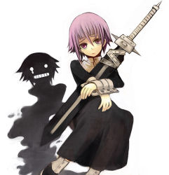 Rule 34 | 00s, androgynous, artist request, black dress, crona (soul eater), cuff links, dress, frown, gender request, hair between eyes, high collar, non-web source, pink hair, purple eyes, ragnarok (demon sword), sad, shadow, shoes, short hair, simple background, sitting, solo, soul eater, sword, weapon, white background