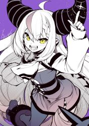 Rule 34 | 1girl, artist name, ascot, black horns, braid, greyscale, greyscale with colored background, highres, hololive, horns, index finger raised, la+ darknesss, la+ darknesss (1st costume), long hair, long sleeves, looking at viewer, monochrome, multicolored hair, open mouth, purple background, slit pupils, solo, streaked hair, striped, striped horns, tail, takatsuki ichi, teeth, very long hair, virtual youtuber, yellow eyes