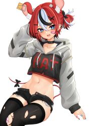 Rule 34 | 1girl, absurdres, animal ears, bandages, blush, bow, collar, collarbone, crop top, cropped hoodie, denim, denim shorts, dice, hair ornament, hakos baelz, highres, holocouncil, hololive, hololive english, honon, hood, hoodie, midriff, mouse ears, mouse tail, multicolored hair, navel, short hair, short shorts, shorts, simple background, sitting, solo, streaked hair, tail, thighs, unbuttoned, virtual youtuber, white background
