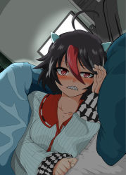 Rule 34 | 1girl, ahoge, arm rest, arrow (symbol), backlighting, bed, bed sheet, black hair, blanket, blush, clenched teeth, collarbone, computer, dutch angle, grey horns, hair between eyes, hand rest, hand up, himajin noizu, horns, indoors, kijin seija, long sleeves, looking at viewer, lying, monitor, multicolored hair, nose blush, on bed, on side, pajamas, pillow, pov, red eyes, red hair, scowl, sharp teeth, short hair, sleepwear, slit pupils, solo, streaked hair, sweat, teeth, touhou, under covers, upper body, white hair