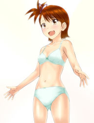 Rule 34 | 1girl, bare shoulders, blush, bra, brown eyes, brown hair, collarbone, futami ami, hair bobbles, hair ornament, highres, idolmaster, idolmaster (classic), lingerie, looking at viewer, myu-po, navel, open hands, open mouth, panties, short hair, side ponytail, simple background, smile, solo, standing, underwear, underwear only, white background, white bra, white panties