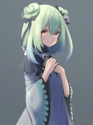 Rule 34 | 1girl, bare shoulders, blue bow, blue dress, blue sleeves, bow, cleavage cutout, closed mouth, clothing cutout, double bun, dress, flat chest, green hair, grey background, hair between eyes, hair bow, hair bun, hair ornament, hair ribbon, hand over heart, hands on own chest, highres, hololive, long sleeves, looking at viewer, medium hair, red eyes, ribbon, skull, skull collar, skull hair ornament, smile, solo, tamasa ya moto, upper body, uruha rushia, uruha rushia (1st costume), virtual youtuber, wide sleeves