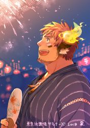 Rule 34 | 1boy, alternate costume, animal ears, bara, beard, blush, brown hair, facial hair, feathers, festival, fiery horns, fireworks, forked eyebrows, from side, glowing horns, hand fan, horns, japanese clothes, jewelry, kimono, kuro nezumi inu, male focus, native american, necklace, open mouth, pectorals, smile, solo, thick eyebrows, tokyo houkago summoners, upper body, wakan tanka, yukata