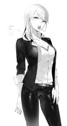 Rule 34 | 1girl, arm at side, arm behind back, bad id, bad pixiv id, belt, black jacket, black pants, blouse, bra, breasts, c (control), candy, card, character request, cleavage, collarbone, contrapposto, cowboy shot, earrings, food, greyscale, hair ornament, hairclip, hand on own hip, highres, holding, jacket, jennifer satou, jewelry, lace, lace-trimmed bra, lace trim, lollipop, long hair, looking at viewer, monochrome, mouth hold, ohisashiburi, pants, shirt, sleeves rolled up, solo, standing, teeth hold, tight clothes, tight pants, underwear, white background, white shirt