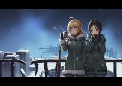 Rule 34 | 2girls, against railing, ahoge, black gloves, black hair, blonde hair, blue eyes, blush, breath, building, chito (shoujo shuumatsu ryokou), coat, commentary request, cowboy shot, cup, fur trim, furrowed brow, gloves, green coat, gun, hand in pocket, highres, holding, hood, hooded coat, icicle, letterboxed, long hair, long sleeves, looking away, low twintails, mool yueguang, mug, multiple girls, night, open mouth, outdoors, purple eyes, railing, rifle, shooting star, shoujo shuumatsu ryokou, sky, snow, standing, star (sky), starry sky, steam, twintails, weapon, wide shot, yuuri (shoujo shuumatsu ryokou)