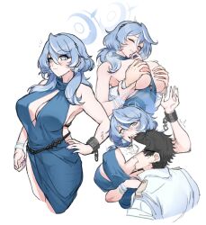 Rule 34 | 1boy, 1girl, absurdres, ako (blue archive), ako (dress) (blue archive), biting, blue archive, blue dress, blue eyes, blue hair, breast biting, breasts, cleavage, cleavage cutout, clothing cutout, commentary, doodle sensei (blue archive), dress, grabbing, grabbing another&#039;s breast, halo, highres, large breasts, official alternate costume, sensei (blue archive), sleeveless, sleeveless dress, smugigante, teeth, upper teeth only