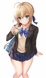 Rule 34 | 1girl, ahoge, alternate costume, artoria pendragon (all), artoria pendragon (fate), beige vest, black jacket, blazer, blonde hair, blue bow, blue bowtie, blue skirt, blush, bow, bowtie, breasts, casual, collarbone, collared shirt, cup, fate/stay night, fate (series), green eyes, hair ribbon, harimoji, highres, holding, holding cup, jacket, looking at viewer, open clothes, open jacket, pleated skirt, ribbon, saber (fate), school uniform, shirt, sidelocks, simple background, sitting, skirt, smile, solo, sparkle, white background, white shirt
