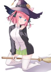 Rule 34 | 1girl, absurdres, blue eyes, blunt bangs, blush, broom, closed mouth, collared shirt, go-toubun no hanayome, hat, highres, kneeling, long sleeves, looking at viewer, multicolored nails, nail polish, nakano nino, no shoes, pink hair, pleated skirt, profnote, purple hat, ribbon, shirt, simple background, skirt, smile, solo, striped, tagme, thighhighs, vertical stripes, white background, white shirt, white thighhighs, witch hat