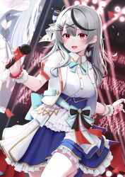 Rule 34 | 1girl, :d, absurdres, black hair, blush, braid, breasts, frilled skirt, frills, grey hair, hair ornament, hairclip, highres, holding, holding microphone, hololive, idol clothes, jacket, looking at viewer, medium breasts, microphone, multicolored hair, nyan (reinyan 007), open clothes, open jacket, open mouth, puffy short sleeves, puffy sleeves, red eyes, sakamata chloe, short sleeves, skirt, smile, solo, streaked hair, virtual youtuber, white jacket, x hair ornament
