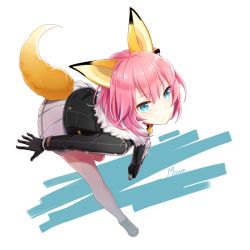 Rule 34 | 1girl, animal ears, bad id, bad pixiv id, bent over, black gloves, blue eyes, closers, fox ears, fox tail, fur trim, gloves, jacket, knife, millgua, pink hair, running, seulbi lee, short hair, side ponytail, solo, tail
