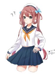 Rule 34 | 10s, 1girl, ?, ??, alternate costume, asagumo (kancolle), beret, blush, bow, brown hair, cat, cropped legs, hair bow, hair rings, hand on own hip, hat, highres, kantai collection, long hair, long sleeves, neckerchief, nuno (pppompon), pleated skirt, sailor collar, school uniform, serafuku, simple background, skirt, skirt hold, twintails, white background
