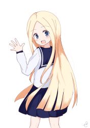 Rule 34 | 1girl, :d, abigail williams (fate), arm up, bad id, bad pixiv id, blonde hair, blue eyes, blue sailor collar, blue skirt, blush, commentary request, cowboy shot, fate/grand order, fate (series), forehead, from behind, highres, kujou karasuma, long hair, looking at viewer, looking back, open mouth, parted bangs, pleated skirt, sailor collar, signature, skirt, smile, solo, very long hair, white background