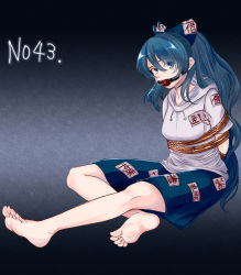 Rule 34 | 1girl, arms behind back, bad id, bad pixiv id, ball gag, barefoot, bdsm, blue bow, blue eyes, blue hair, bound, bound arms, bow, debt, eyes visible through hair, gag, grey hoodie, hair bow, highres, hood, hoodie, looking at viewer, rope, shibari, skirt, touhou, wiffle gag, yorigami shion