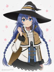 Rule 34 | 1girl, akane (akaneoekaki0928), black skirt, blue eyes, blue hair, braid, brown cloak, cloak, clothes pull, collar, cropped legs, eyebrows hidden by hair, floral background, hair between eyes, hat, head tilt, highres, jacket, light blush, long braid, mushoku tensei, pulled by self, roxy migurdia, signature, skirt, skirt pull, solo, triangle mouth, twin braids, white collar, white jacket, witch hat