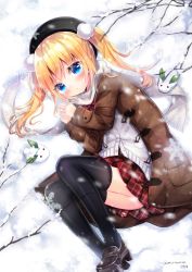 Rule 34 | 1girl, :o, absurdres, beret, black hat, black thighhighs, blonde hair, blue eyes, blush, brown coat, brown footwear, cardigan, coat, commentary request, duffel coat, fringe trim, hair ornament, hands up, hat, highres, kohaku muro, loafers, long hair, long sleeves, looking at viewer, lying, moe2019, on side, open clothes, open coat, original, own hands together, parted lips, plaid, plaid skirt, pleated skirt, red skirt, scarf, school uniform, shoes, skirt, snow, snow rabbit, snowing, solo, thighhighs, twintails, twitter username, unmoving pattern, white cardigan, white scarf