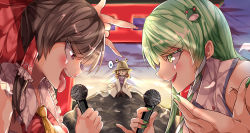 Rule 34 | 3girls, absurdres, blonde hair, blush, blush stickers, bow, brown headwear, crossed ankles, eye contact, foreshortening, frog hair ornament, green eyes, green hair, green nails, hair bow, hair ornament, hakurei reimu, highres, holding, holding microphone, kochiya sanae, looking at another, mahoro (minase mahoro), microphone, moriya suwako, multiple girls, nail polish, open mouth, outdoors, profile, red eyes, short hair, sidelocks, sitting, sleeveless, spoken sweatdrop, sweatdrop, tongue, tongue out, torii, touhou, yellow neckwear