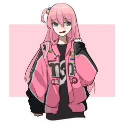 Rule 34 | 1girl, absurdres, alpinestars, alternate costume, black shirt, blush, bocchi the rock!, border, commentary, cube hair ornament, english commentary, gotoh hitori, hair ornament, hand up, highres, holeecrab, jacket, looking to the side, m&amp;m&#039;s, pink background, pink hair, pink jacket, puffy sleeves, racing, shirt, sidelocks, simple background, solo, t-shirt, white border