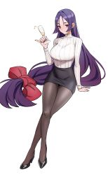 Rule 34 | 1girl, absurdres, black pantyhose, blush, breasts, collarbone, cup, drink, drinking glass, drunk, fate/grand order, fate (series), fingernails, highres, kiritzugu, large breasts, long fingernails, long hair, low-tied long hair, minamoto no raikou (fate), nail polish, pantyhose, parted bangs, pencil skirt, purple eyes, purple nails, sharp fingernails, simple background, sitting, skirt, solo, sweater, turtleneck, turtleneck sweater, very long hair, white background