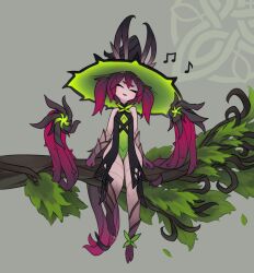 Rule 34 | 1girl, arms at sides, branch, closed eyes, flat chest, hat, highres, leaf, long hair, monster girl, music, musical note, original, plant, plant girl, singing, sitting on branch, squeaky (artist), tail, thorns, twintails, vines, witch, witch hat