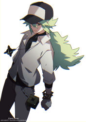 Rule 34 | 1boy, bangle, black hat, bracelet, clenched hand, closed mouth, collared shirt, commentary request, creatures (company), cube, game freak, green eyes, green hair, grey pants, hat, jewelry, long hair, male focus, meiji ken, n (pokemon), necklace, nintendo, pants, pokemon, pokemon bw, shirt, smile, solo, standing, undershirt, white shirt