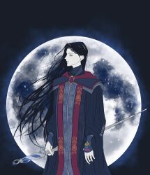 Rule 34 | 1girl, absurdres, black hair, blue eyes, blue robe, brooch, elden ring, floating hair, from side, full moon, gem, high collar, highres, holding, holding scepter, holding staff, jewelry, long hair, long sleeves, looking to the side, moon, night, night sky, pale skin, puffy sleeves, purple gemstone, red sash, rennala queen of the full moon, robe, sash, scepter, sky, ssozei, staff, witch