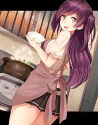 Rule 34 | 10s, 1girl, ahoge, apron, bad id, bad pixiv id, black skirt, bowl, breasts, cooking, cowboy shot, dutch angle, eyebrows, from behind, hagikaze (kancolle), indoors, kanna (horntp), kantai collection, kitchen, long hair, looking at viewer, looking back, medium breasts, one side up, open mouth, out of frame, outside border, pot, purple hair, short sleeves, side ponytail, skirt, solo, twitter username, white skirt, window, yellow eyes