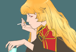 Rule 34 | 1girl, blonde hair, bored, cigarette, cup, drinking glass, expressionless, junko (touhou), long hair, looking at viewer, onikobe rin, red eyes, touhou