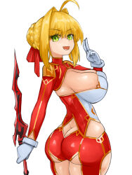 Rule 34 | 1girl, ass, blonde hair, breasts, butt crack, cleavage, fate/extra, fate (series), gloves, green eyes, highres, hip vent, large breasts, nero claudius (fate), nero claudius (fate) (all), solo, steamingtofu, sword, weapon